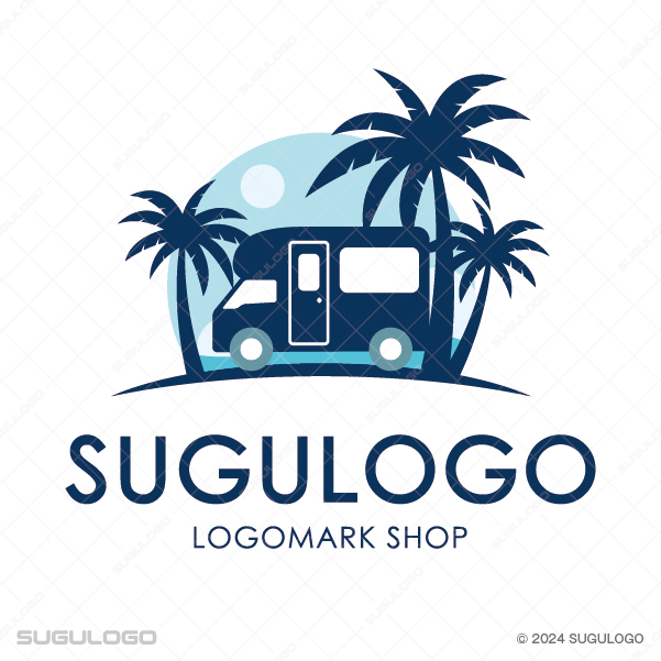 ヤシの木と青空を背景にキャンピングカーを描いた、リゾート地での自由な旅とアウトドアをイメージさせるロゴ