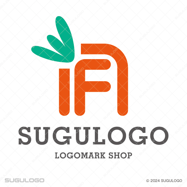 オレンジ色の野菜のようなFの形から緑の葉が伸びている、新鮮な食と健康をイメージさせるナチュラルなロゴ