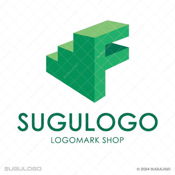 緑色の立体的な階段がアルファベットのFを形作っている、着実な成長と進歩をイメージさせるモダンなロゴ