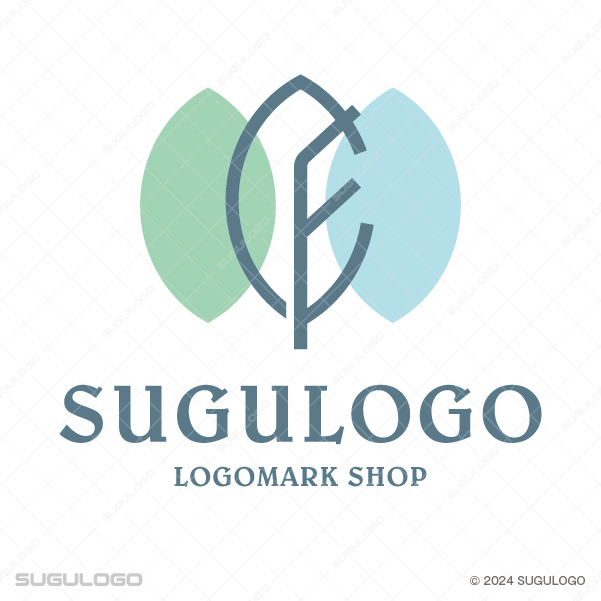 中央の葉の中にアルファベットのFが描かれた、淡い緑と青の三枚葉が調和する誠実でナチュラルなロゴデザイン