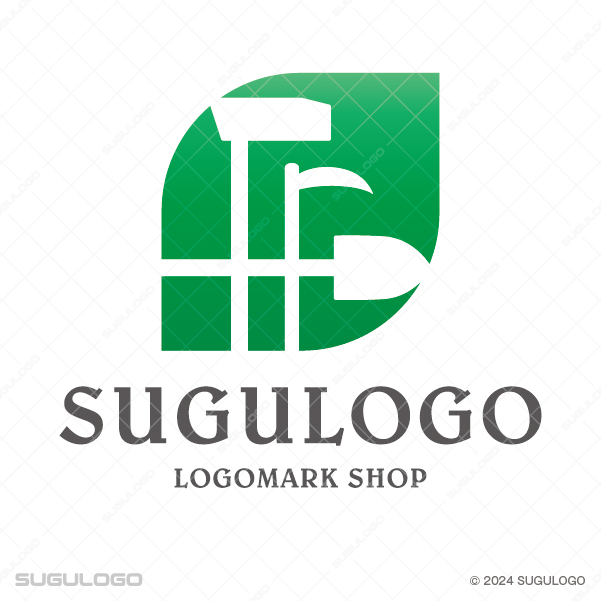 葉のシルエットの中にハンマーやスコップ等の道具が描かれた、自然と創造をイメージさせるモダンなロゴ