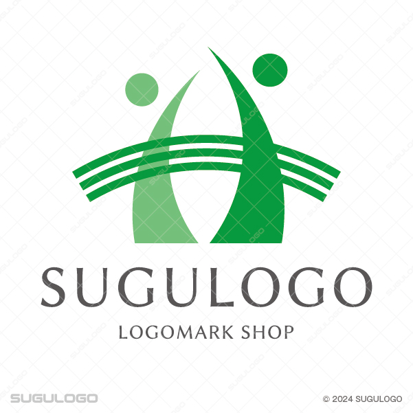 2人の人物が架け橋で繋がっている様子を描いた、協力とパートナーシップをイメージさせるモダンなシンボルロゴ