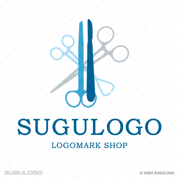 中央にメスなどの医療器具が垂直に並び、背景で別の器具が交差する、外科的専門性をイメージさせるシンボルロゴ