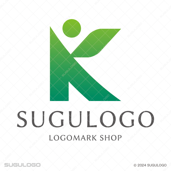 Kの形に人と葉のモチーフを融合させ、成長と調和、温かな安心感を表現したグリーンのモダンなロゴデザイン