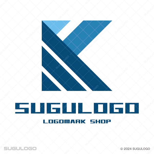 複数のラインが重なりKを描き、堅実な信頼感と論理的な知性を表現したブルーの幾何学的なロゴデザイン