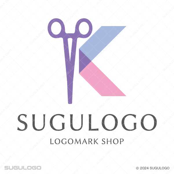 ハサミのシルエットをシャープなラインで幾何学的に描いたシンボルマーク。洗練された技術と美を象徴する。