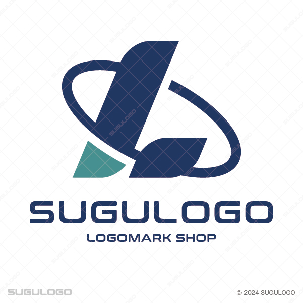Lの周囲を鋭い軌道が周回し、グローバルな推進力と先進的な知性を表現したネイビーのモダンなロゴデザイン