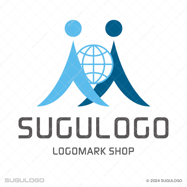 地球を囲んで二人が支え合う幾何学的なシンボルマーク。グローバルな協力と発展を象徴するデザイン。