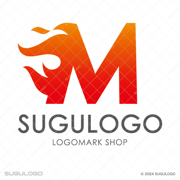 Mの左側から情熱的な炎が立ち上がり、エネルギーと躍動感を表現した赤とオレンジのグラデーションロゴ