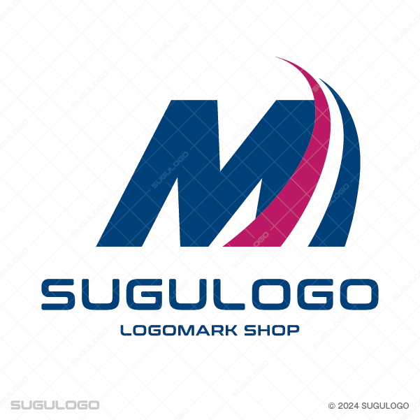Mの周囲を二色の曲線が鋭く周回し、グローバルな推進力と先進的な知性を表現したネイビーと赤のモダンなロゴ