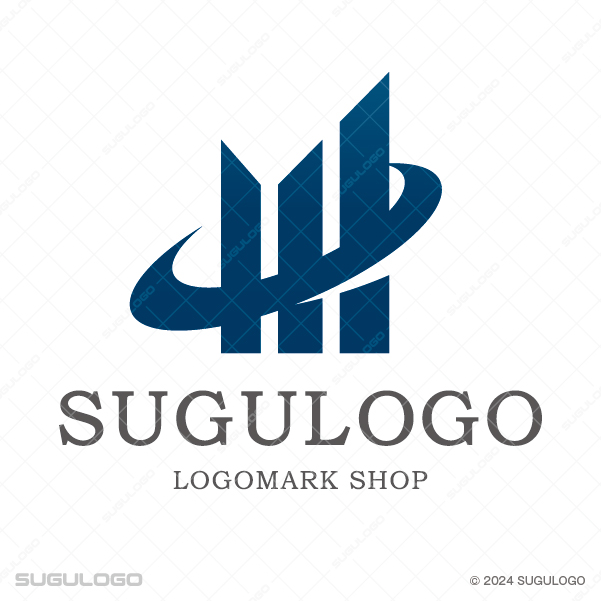 ビル群のような縦のラインを、上昇する曲線が包み込む幾何学的なシンボルマーク。成長と都会的な感性を象徴。