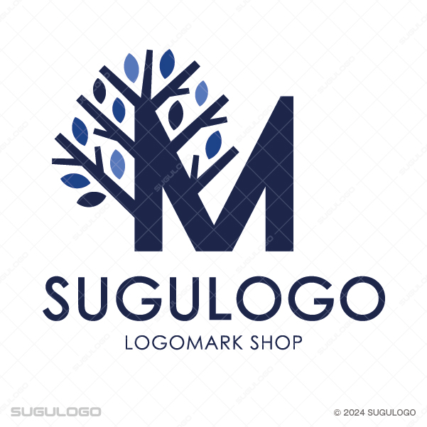 Mの左側から知恵を象徴する樹木が伸びやかに広がり、成熟した信頼と持続的な成長を表現したネイビーのロゴ