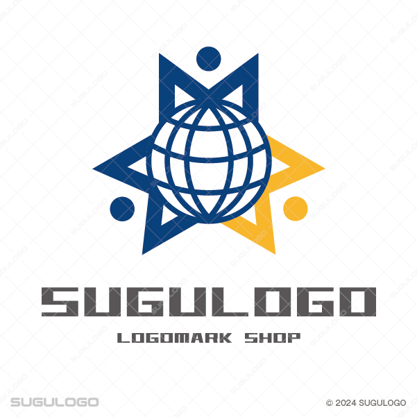 地球の周りで人々が連帯し星の形を成す姿を描き、国際的な調和と輝かしい希望を表現したモダンなロゴデザイン