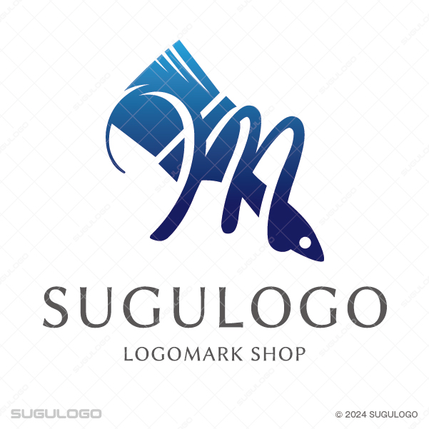 Mの流麗な文字にハケのラインを重ね、職人の創造性と高品質な施工を表現したブルーのモダンなロゴデザイン