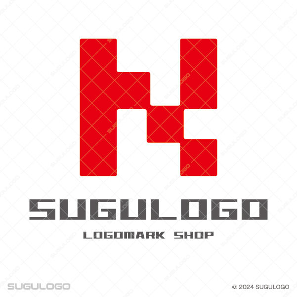 黒背景に赤いピクセルで構築されたHを描き、デジタルの先進性と強固な信頼を表現したシステム的なロゴデザイン