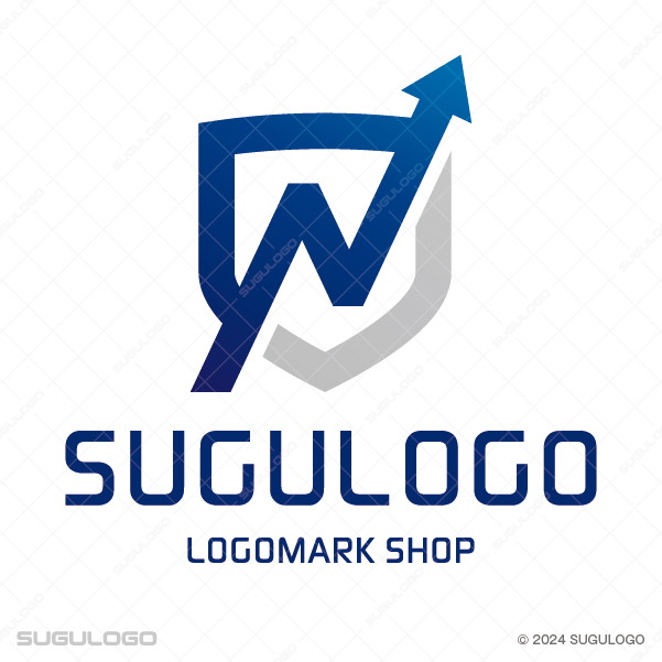 盾の形状を背景に、右肩上がりの矢印が力強く重なる幾何学的なシンボルマーク。守護と成長を象徴する。