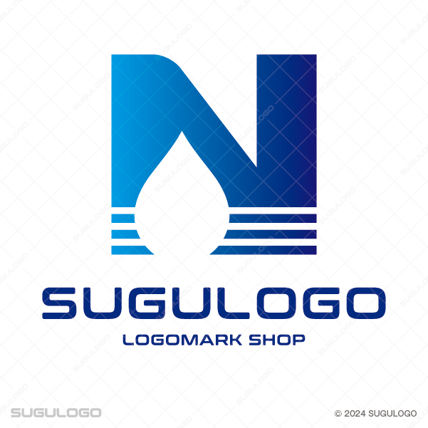 Nのシルエットに水滴と水平線を重ね、本質の追求と持続可能な社会への貢献を表現したブルーのモダンなロゴ