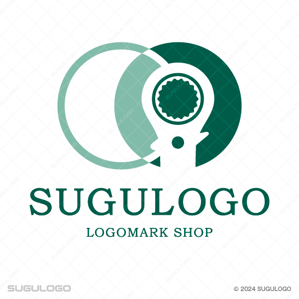 二つの円が重なる背景に、レンチの先端を幾何学的に描いたシンボルマーク。確かな技術と信頼を象徴。
