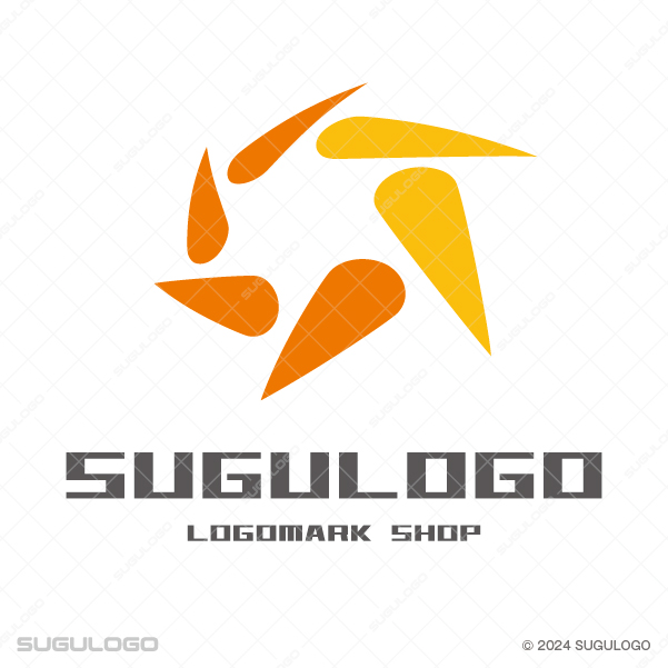 中心から外側へ向かってオレンジ色の粒子が回転するように広がる幾何学的なシンボルマーク。情熱と躍動。