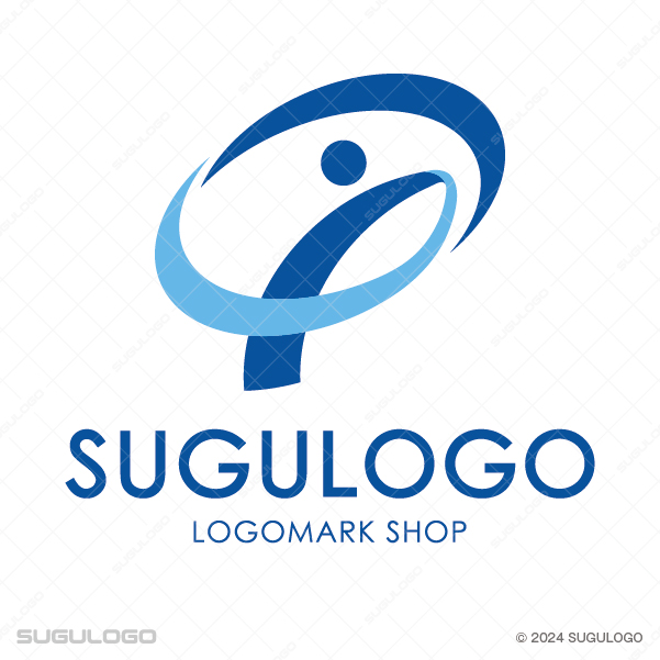 人物のシルエットを楕円状のラインが包み込むように描かれた幾何学的なシンボルマーク。飛躍と調和を象徴。