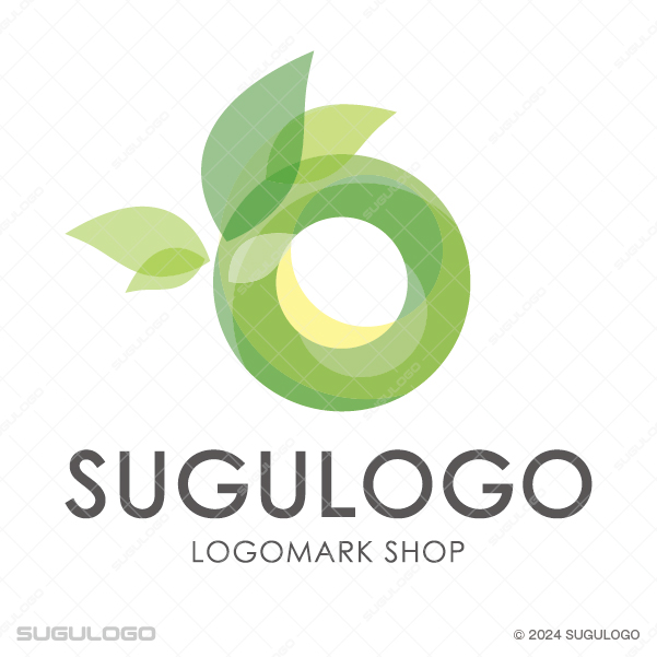円形に配置された複数の木の葉が、透明感のある緑色の重なりで描かれた幾何学的なシンボルマーク。