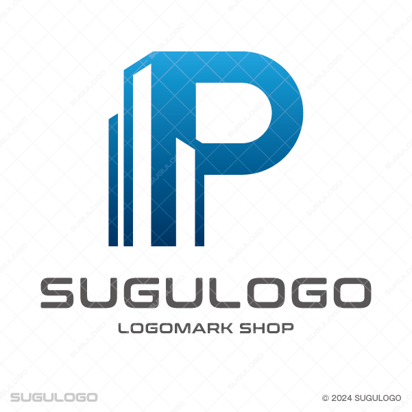 ビル群を模したPの文字が、不動産や建築における強固な信頼感と、都市開発の先進性を表現したブルーのモダンなロゴ