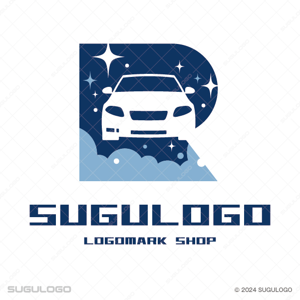 ネイビーのRの文字に車と星空を組み合わせ、洗車やコーティングによる究極の輝きと信頼を表現したモダンなロゴ
