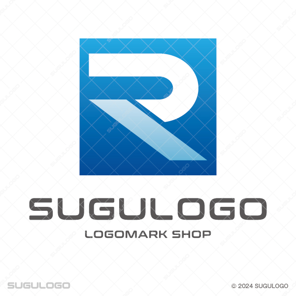 ブルーの正方形を背景に白いラインでRを形作り、強固な基盤と未来への革新を表現したモダンなロゴデザイン