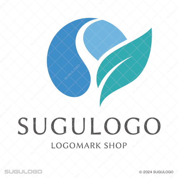 青い雫と緑の葉が向き合い、中央に白いＳ字状の空間を作っている、自然をモチーフにした幾何学的なロゴ。