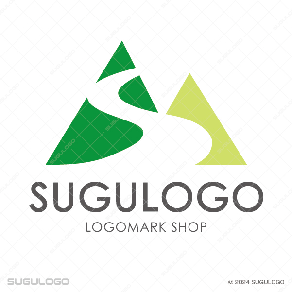 二つの三角形で表現された山と、その中央を通るＳ字型の道を組み合わせた、緑が基調の幾何学的なロゴ。