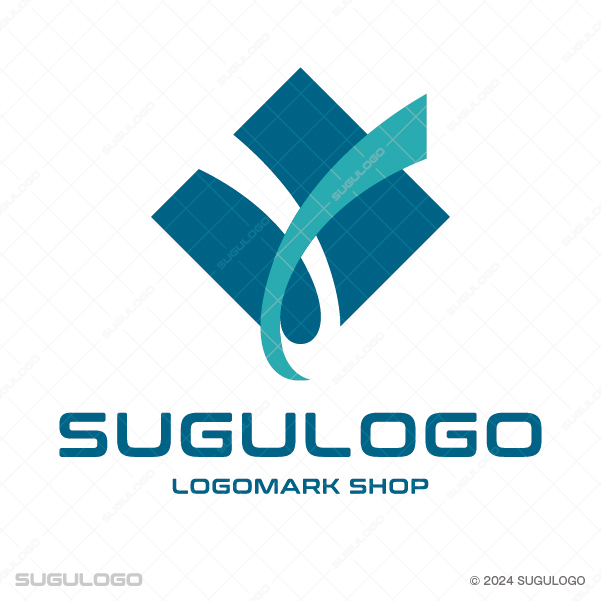 青い正方形の上を、明るい青色の曲線が左下から右上へと力強く横切っている幾何学的なシンボルマーク。
