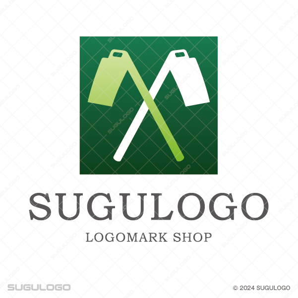 二つの農機具が中央で交差し、大地の恵みと力強い労働を表現したシンプルな農業モチーフのロゴデザイン。