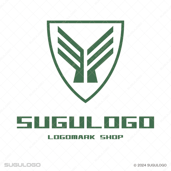 盾の中に翼のラインを配したエンブレム。信頼と飛躍を象徴する、幾何学的で重厚感のあるロゴデザイン。