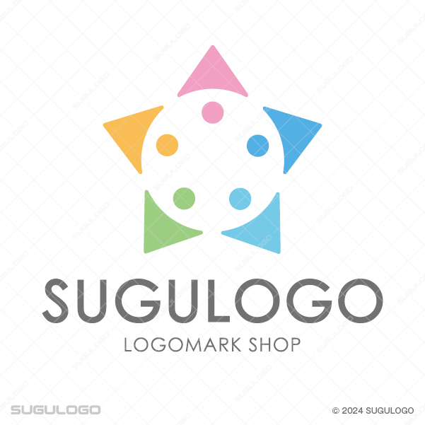 5人の人物が円状に集まり一つの星を形作る、多様性とチームワークを表現した明るく親しみやすいロゴデザイン。