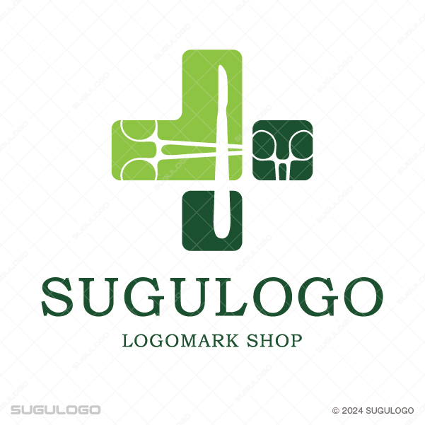十字の中にメスなどの医療器具が精密に配置され、高度な技術と信頼を表現した知的な印象のロゴデザイン。