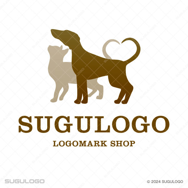 犬と猫が仲睦まじく寄り添い、尻尾でハートを形作ったシンボルマーク
