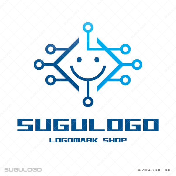 回路を想起させる緻密なネットワークと柔らかな笑顔を融合させたシンボルマーク