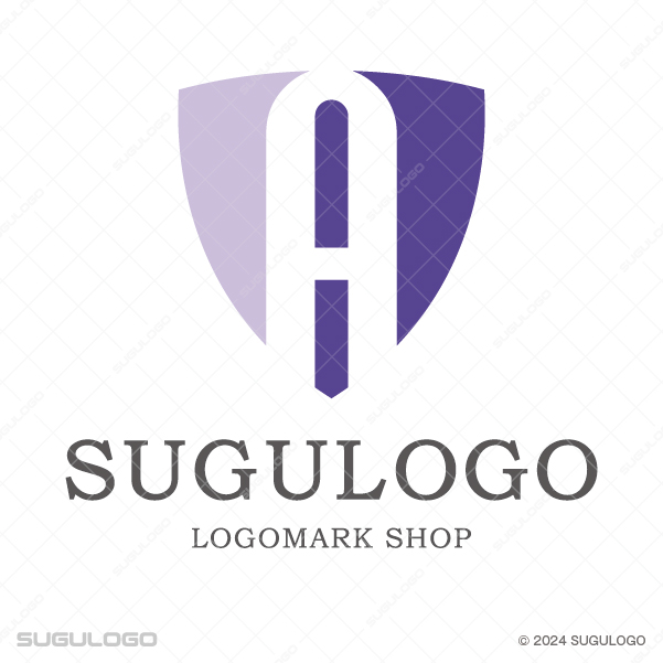 盾の中に英字Aが白抜きされたエンブレム。信頼と守護を象徴する、幾何学的で格式高いロゴデザイン。