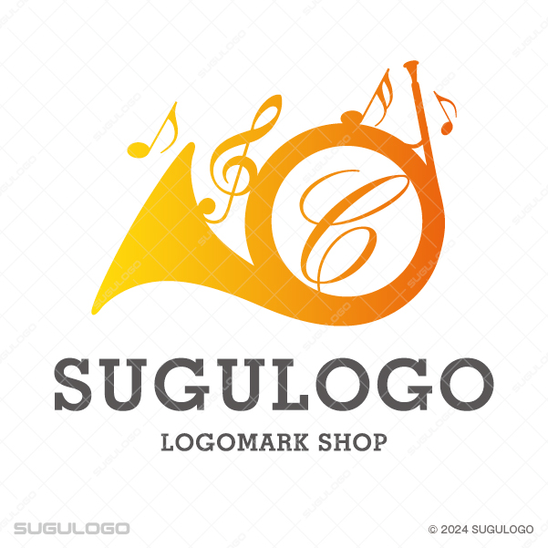 ホルンの造形と音符を組み合わせた英字Cのシンボルマーク。芸術性と調和を象徴する、華やかなロゴ。