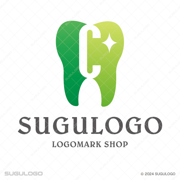 歯のシルエットの中に英字Cと輝きを配したシンボルマーク。清潔感と技術を象徴する、幾何学的なロゴ。