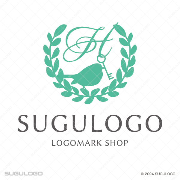 月桂樹のリースに囲まれた、鍵をくわえた鳥と英字Hのシンボルマーク。幸福と信頼を象徴する上品なロゴ。