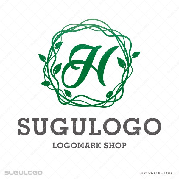 植物の葉をあしらったリースの中に、優雅な英字Hを配したシンボルマーク。調和と成長を象徴する上品なロゴ。