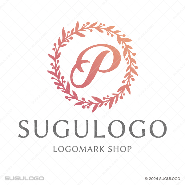 繊細な葉と実のリースの中に、優雅な曲線を描く英字Pを配したシンボルマーク。美と調和を象徴するロゴ。