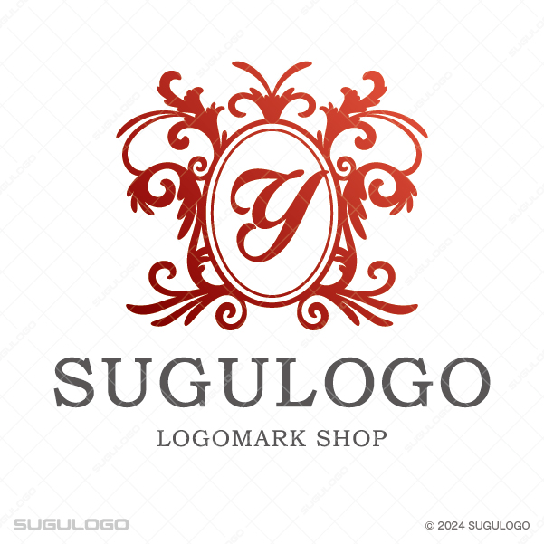 オーバル型のフレームに英字Yを配し、周囲を華やかな唐草模様で装飾した紋章風ロゴ。高級感と気品を象徴。