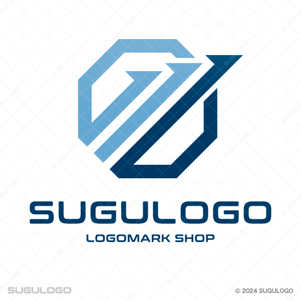 六角形の枠組みの中に力強い斜めのラインを配置したロゴデザイン