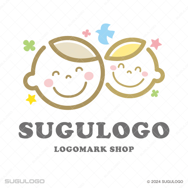 二人の子供が笑顔で並び周囲に星や鳥が舞う温かい雰囲気のシンボルマーク