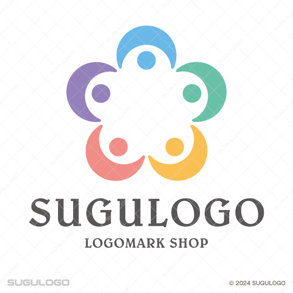 五人の人物が円を描きながら手を取り合う姿を花のようなシルエットで表現したシンボルマーク