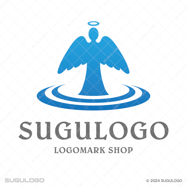 波打つ水面から神々しく立ち上がる天使をモチーフにしたシンボルマーク