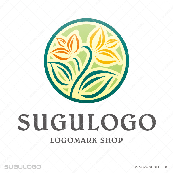 円の中に植物の花と葉を優雅に配置したロゴデザイン