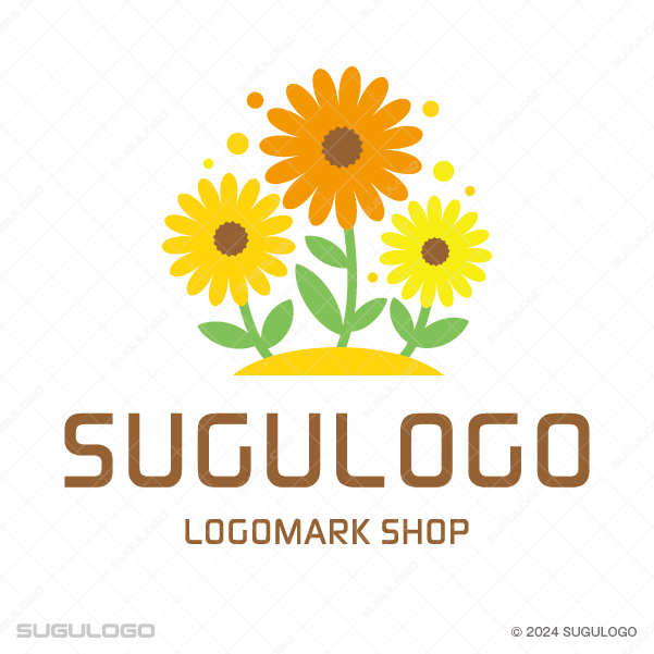 丘の上で三輪のひまわりが太陽に向かって元気に咲き誇る様子を描いたロゴデザイン